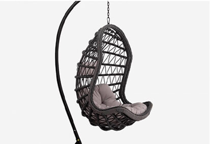 Black hanging chair with light grey cushions on white background